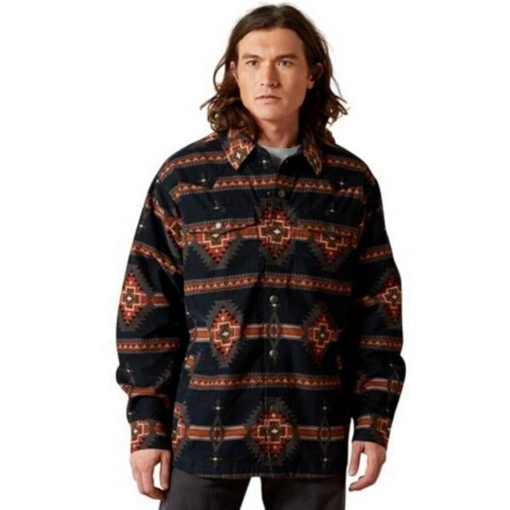 Ariat Men's Hensley Corduroy Aztec Print Retro Shirt Jacket Shacket Dark Grey 10